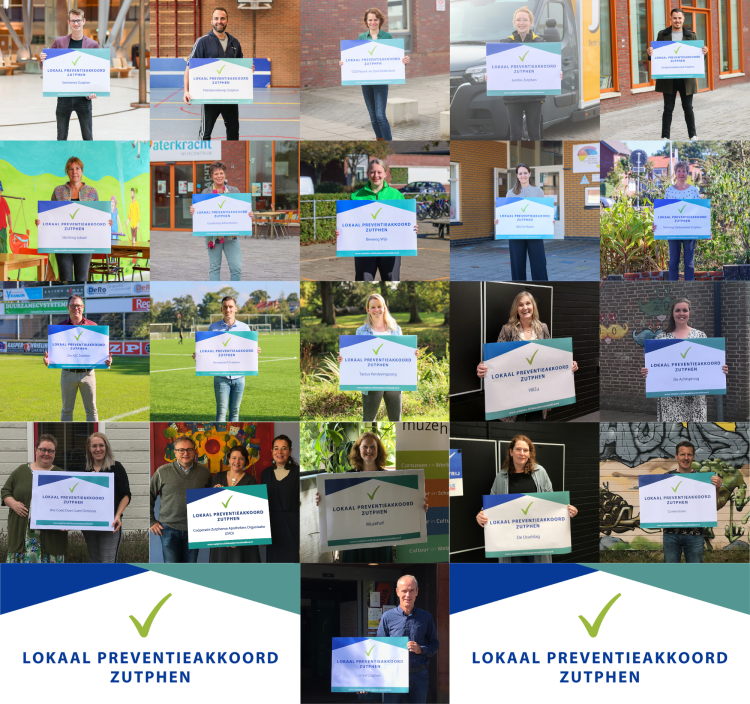 Collage van foto's van alle deelnemende organisaties. En logo Lokaal preventieakkoord.