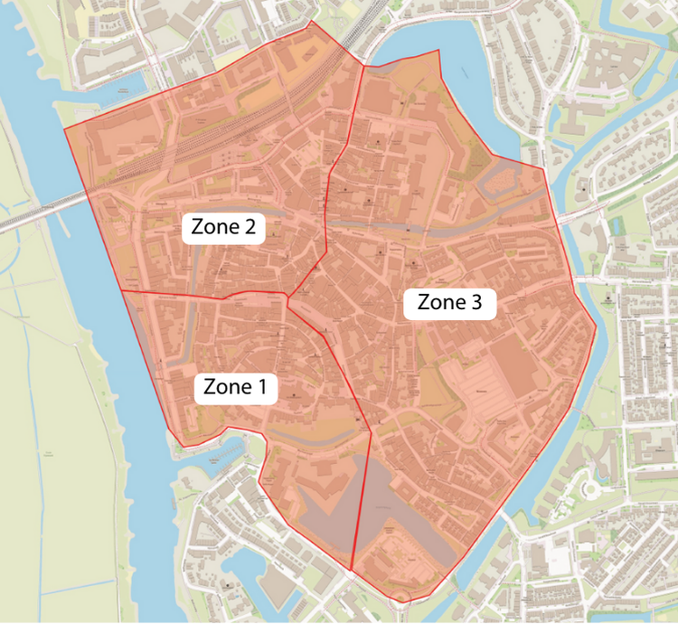 Kaart van binnenstad met 3 zones. Globaal: zone 1 is zuidwesten; zone 2 noordwesten; zone 3 oosten