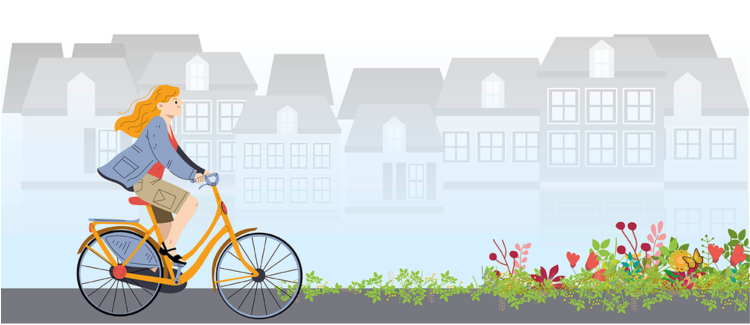 Illustratie van vrouw op fiets door binnenstad met groen en bloemen langs de weg