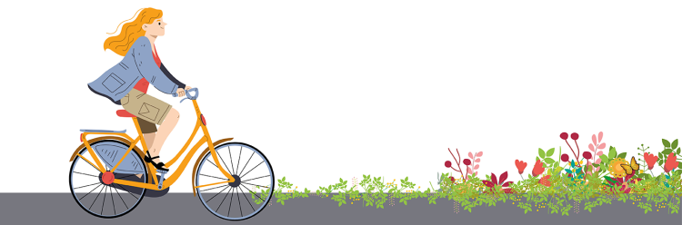 Illustratie van vrouw op fiets op weg met groen en bloemen
