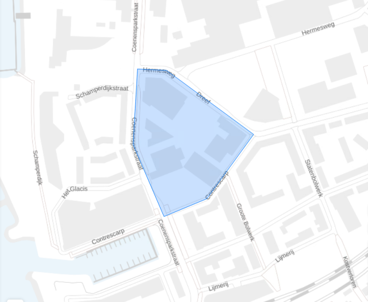 Kaartje waarbij het gebied tussen de Dreef, Contrescarp, Coenensparkstraat en Hermesweg gemarkeerd is. 