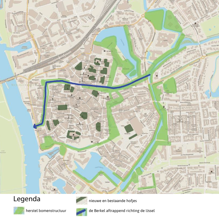 Kaartje waarop het herstel van de historische vestingstructuur is uitgebeeld. Met herstel bomenstructuur, nieuwe en bestaande hofjes, en de loop van de Berkel.